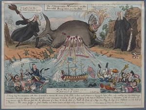 color print of a whale, people, and a ship