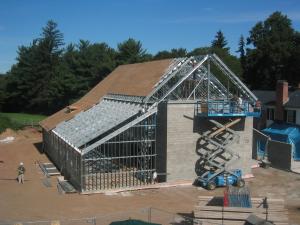 color photo of the 2007 addition in process of construction showing steel frame and start of sheathing
