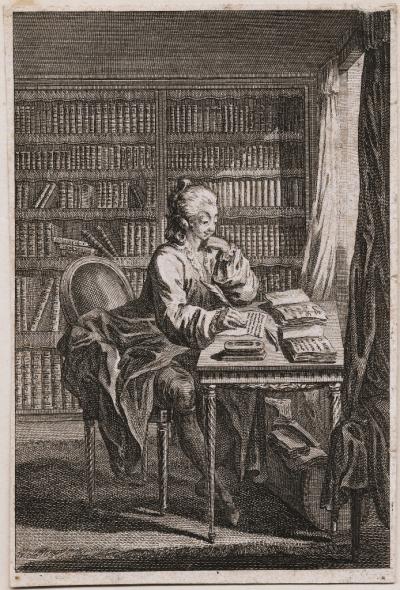 Image of etching of &quot;D'Eon in his study&quot; by Jacques Le Roy Depicts a possibly female figure wearing male attire writing a letter at a table before a window in a study or library. Books fill shelves in the rear while two others lie open on the table, one title Le Code de Cithere.