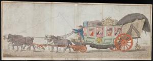 Image of a colored etching &quot;A Flemish diligence&quot; by James K. Ansell at Brussells, March 1794. A coach filled with passengers is driven by a coachman (smoking a pipe) and pulled by two teams of horses. The roof of the carriage is loaded with bags and a cage filled with poultry; the one bag is labeled 'Brussels'. Another cage of birds swings off the bottom of the carriage in the back, the top of which is covered in a tarp. The driver whips the lead team. A coat of arms decorates the door to the carriage.