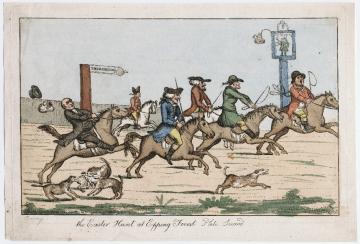 Image of colored etching of &quot;The Easter hunt at Epping Forest. Plate second&quot; by Henry William Bunbury,showing a caricature of a group of men on horseback galloping toward the right of the frame. One man's wig flies off as his horse rears.