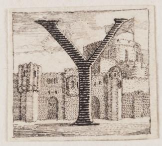 Image of a drawing by Richard Bentley of an Initial letter 'Y' with a castle in the background from &quot;Ode on a Distant Prospect of Eton College&quot;