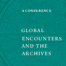 Publicity image for the "Global Encounters and the Arcives" conference with conference title in white text on a teal background with a detail of the western hemisphere from an 18th century map  