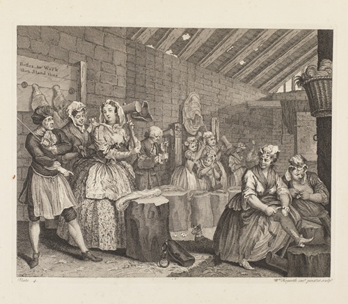 William Hogarth. A Harlot’s Progress, Plate 4. 1732. The Lewis Walpole Library, Gift of Richard M. Greenberg A scene in Bridewell prison with Moll Hackabout and the other inmates beating hemp under the supervision of a stern warder holding a cane. Moll is still dressed in her finery, but a one-eyed female attendant fingers the lace lappet hanging from her cap and her serving-woman sits before her in Moll's elegant shoes; next to her a fellow inmate picks vermin off her clothes. Next to Moll is a gambler, a torn playing card on the floor in front of him; behind her, a man stands with his hands in a pillory on which