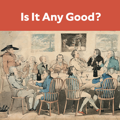 exhibition image with title in white on dark orange background placed above a watercolor drawing of men wearing 18th-century dress  seated around a table. Some smoke pipes, others hold glasses up, and most are engaged in lively conversation. 