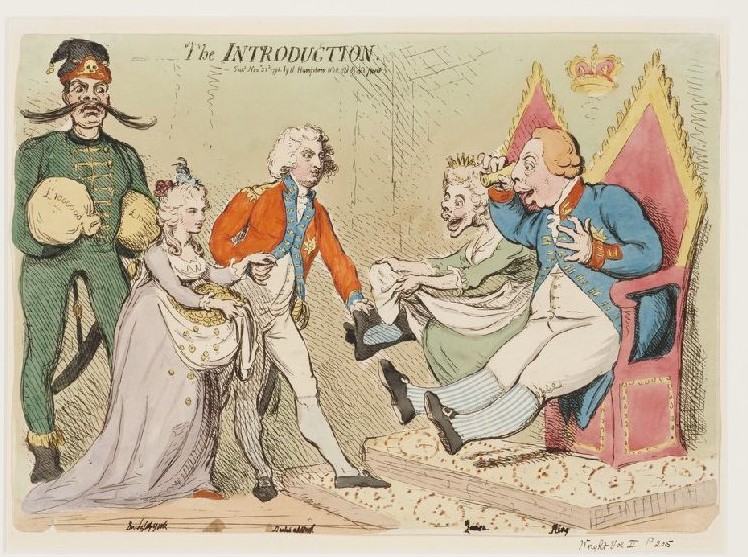 &quot;The Introduction&quot; by James Gillray. The Duke of York leads his bride to the King and Queen, who are seated side by side on the throne (right), much caricatured, making gestures of eager greed. The King looks through a glass, the Queen holds out her apron to catch the coins which the Duchess holds in her apron. Behind the pair on the extreme left walks a gigantic Prussian soldier with extravagantly long moustaches, carrying a large money-bag under each arm, inscribed '£100000' and '£100 