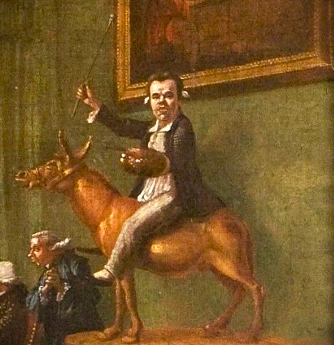 man sits astride a golden ass with a painter's pallette in his left hand and a mahl stick in his upraised right hand