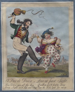 color print of a tall thin bearded man and a short plump woman dancing