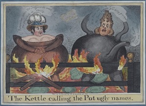color print of a woman in a large pot and man in a kettle, both on a fire