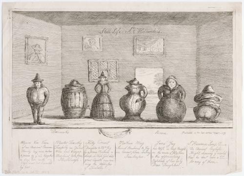 Still life a l'hollandois, an uncolored etching showing six figures in an interior. Each figure has a body shaped like a ceramic vessel. There is text below the image