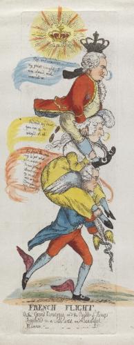 Image is detail of the colored print "French flight, or, The grand monarque and the rights of kings supported in a sublime and beautiful manner" by William Dent. A political satire with Burke depicted as Mercury carrying on his shoulders Marie Antoinette who in turn carries Louis XVI.