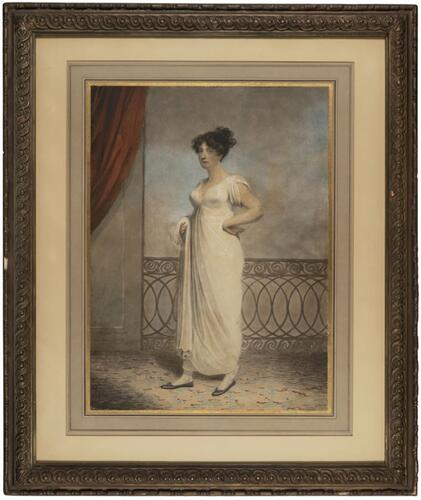 Full-length portrait of a woman, likely to be Mary Anne Clarke, wearing a white neoclassical dress and standing on a balcony with a curtain drapped from the left corner.