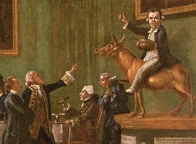 The Golden Asses (detail) detail of painting "the Golden Asses" showing Thomas Patch astride a figure of a golden ass on a pedestal, two men looking up at him. all figures in caricature