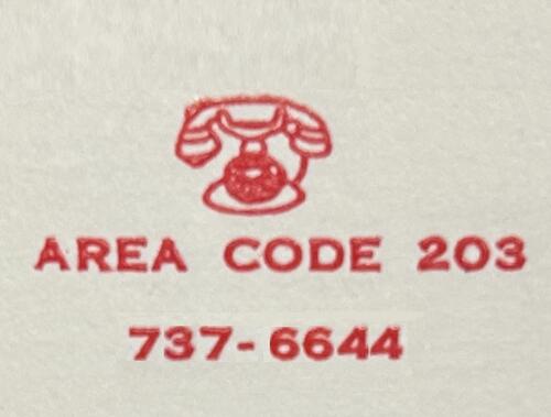 red outline of an old dial telephone with Area Code 203 737-6644 beneath