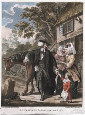 older man with white hair leaning on a brown horse, saying goodbye to his family. To his left is a woman holding an infant child and standing next to her is a young boy in a red jumpsuit holding a book.