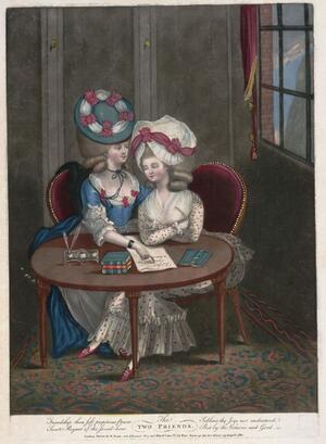 Two fashionably dressed young women looking over a letter together sit at a round table