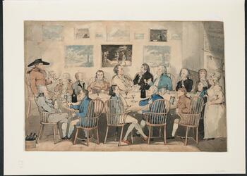 16 men seated at an oval table in Windsor arm-chairs smoke long-stemmed tobacco pipes, drink from glasses and tankards, and engage in conversation