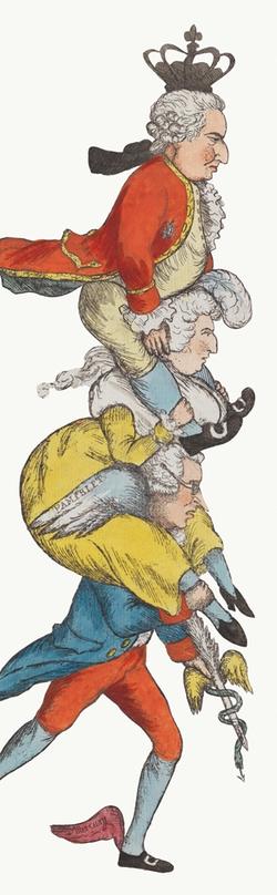 Colored political satire print with Burke depicted as Mercury carrying on his shoulders Marie Antoinette who in turn carries Louis XVIand beautiful manner&quot; by William Dent. A political satire with Burke depicted as Mercury carrying on his shoulders Marie Antoinette who in turn carries Louis XVI.