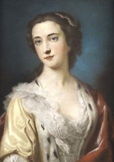 half-length colored pastel portrait of a young woman with dark hair, wearing a yellow gown with rose robe trimmed in ermine. Pearls adorn her hair and dress
