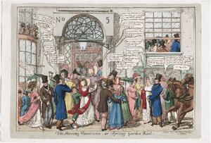 A well-dressed crowd stand outside, enter, or struggle to enter a wide doorway, Broadsides announcing the exhibition are posted on the exterior wall above which in large letters is No 5, flanking an elaborate fan-light. They mount steps from the street, throng the vestibule, and are seen through an open window (right) ascending a staircase. A man in the vestibule shouts. 