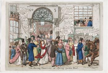 Moving Panorama color print with throngs of people pushing to enter a doorway which is surrounded by posted papers advertising entertainments.