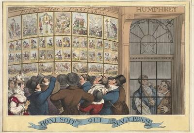 A view of Humphrey's printshop window, with a crowd gathered outside looking in at the display of prints in three curved rows of windows. 