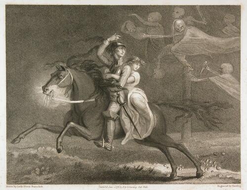 Engraved &amp; etched image of a knight with a young woman behind him on a rearing horse fleeing a hose of skeletons reaching out to pursue them