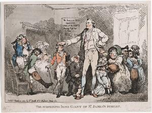 The giant, good-looking and slim, his legs disproportionately long, stands in a room surrounded by admiring spectators, most of whom come up to his midriff in heighte enormously thick leg, his other leg being thin. A fat lady (right) clutches the giant's coat. A fat parson gazes up at him and a dog fawns on his right leg. A buxom courtesan enters through a door on the left.