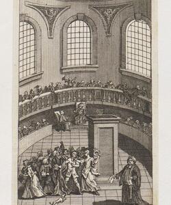 Frontispiece to Terrae-Filius by Hogarth. In an auditorium with seats around the perimeter, a stout college dignitary holding out a piece of paper stands on the right observing a scuffle between students on the left.