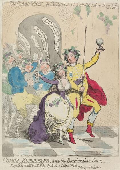 Colored caricature print with man and woman wearing grape wreaths and raising goblets while prancing arm in arm