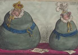 color print of a king and queen, their bodies in enormous green bags