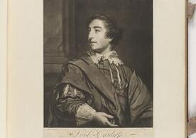 Mezzotint half-length portrait of a man facing quarter turn to the right with his head turned to the left, looking over his shoulder. He wears a doublet with slashed sleeves and a lace-trimmed collar.