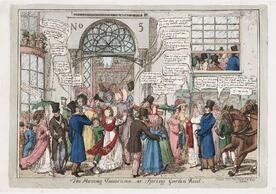 A well-dressed crowd stand outside, enter, or struggle to enter a wide doorway, Broadsides announcing the exhibition are posted on the exterior wall above which in large letters is No 5, flanking an elaborate fan-light. They mount steps from the street, throng the vestibule, and are seen through an open window (right) ascending a staircase. A man in the vestibule shouts. 